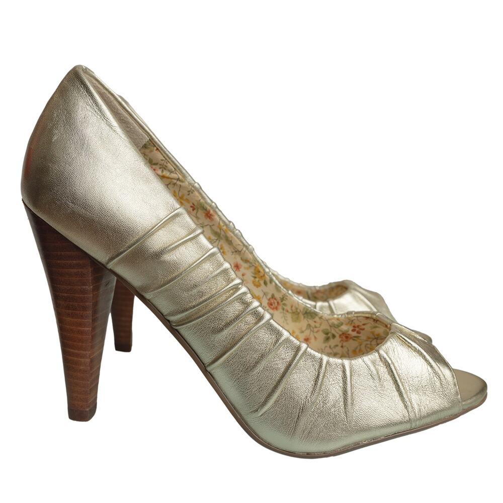 Designer Seychelles Gold Metallic Leather Ruched Peep Toe Pumps Heels NWOB -Sz 9